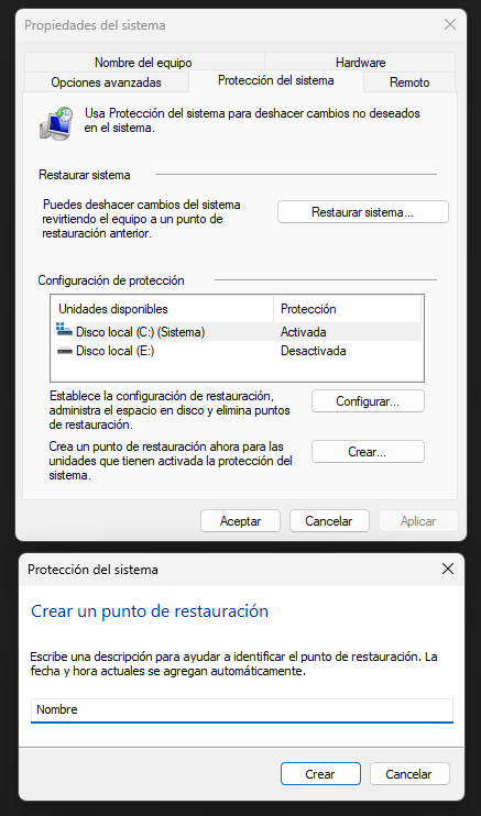 Protección del sistema y puntos de restauración